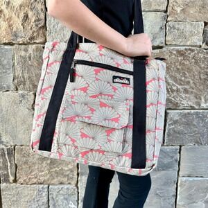 KAVU Canvas Shoulder Tote Bag Fan Print Gray Pink Waterproof Pockets Gorpcore